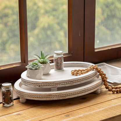Farmhouse Oval Wooden Decorative Trays Set of 2, Distressed White Solid Wood Beaded Trays for Coffee Table, Kitchen Counter, Ottoman & Dining Table Centerpiece Decor5