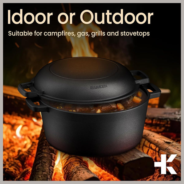 Bakken 2-In-1 Cast Iron Dutch Oven Pot with Skillet Lid, 5QT Pre-Seasoned Dutch Oven for Bread Baking, Roasting & Campfire Cooking, Heavy-Duty Indoor & Outdoor Use with Easy-Grip Dual Handles8