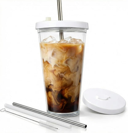 Reusable Iced Coffee Cup with Lid and Straw, 24 Oz/Venti, Bpa-Free Double-Wall Insulated Plastic Tumbler for Cold Drinks, Includes Clear Plastic Straw, Stainless Steel Straw and Cleaning Brush, White1
