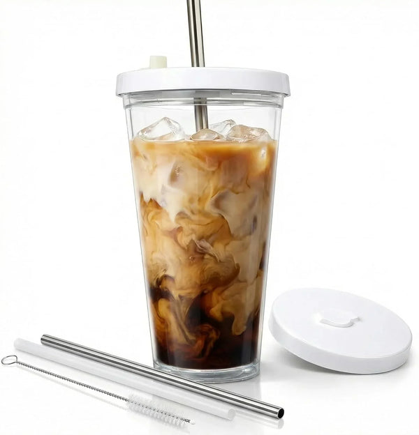 Reusable Iced Coffee Cup with Lid and Straw, 24 Oz/Venti, Bpa-Free Double-Wall Insulated Plastic Tumbler for Cold Drinks, Includes Clear Plastic Straw, Stainless Steel Straw and Cleaning Brush, White1