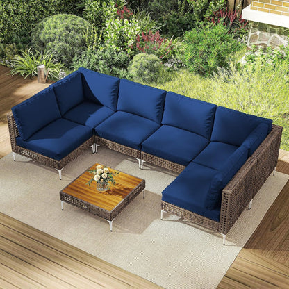 7 Piece Wicker Patio Furniture Set Modular Rattan Brown/Dark Blue1