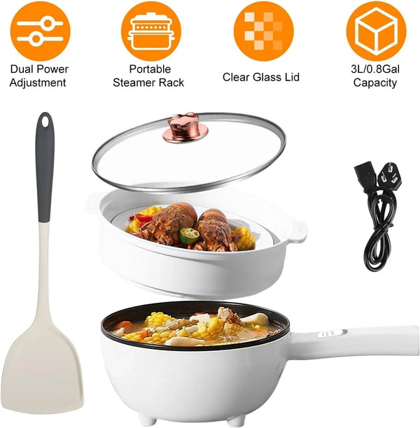 Electric Hot Pot with Steamer, 3L Non-Stick Multi-Cooker, Dual Power 1000W/600W, Overheat & Dry-Boil Protection, Perfect for Dorm & Apartment, Includes Long Handle & Steamer Spatula4