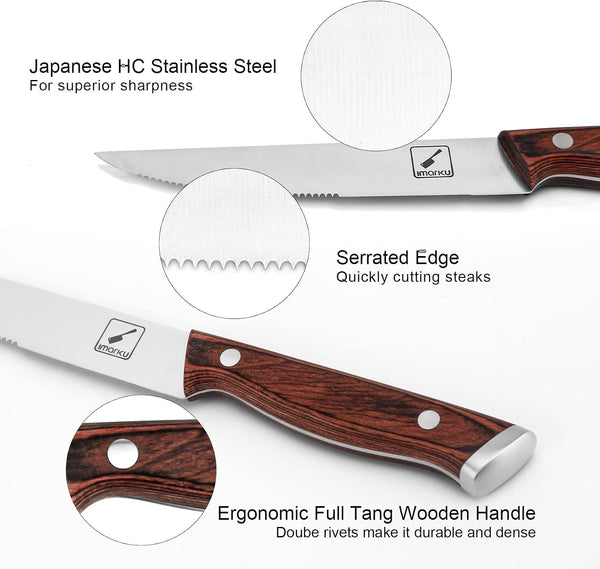 9" Steak Knife Set of 6,For 6 Guests, Complements Any Table | Japanese High Carbon Stainless Steel, Serrated Edge Glides through Steak, No Sharpening, Wooden Handle5