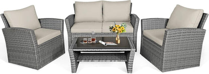 4 Pieces Conversation Set Outdoor Patio Rattan Furniture Set with Cushions and Coffee Table, Sectional Wicker Sofa Set for Garden Porch Balcony Poolside1