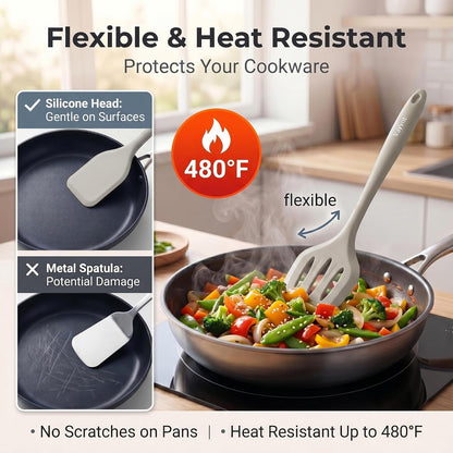 Silicone Kitchen Utensils Set, 10PCS Heat Resistant Utensils, Khaki3