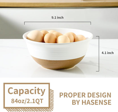 Large Ceramic Serving Bowls Set of 2, 84 Oz 9 Inch White & Terracotta Stoneware Mixing Bowls, Farmhouse Bowls for Salad, Baking, Popcorn & Side Dishes, Dishwasher & Microwave Safe3