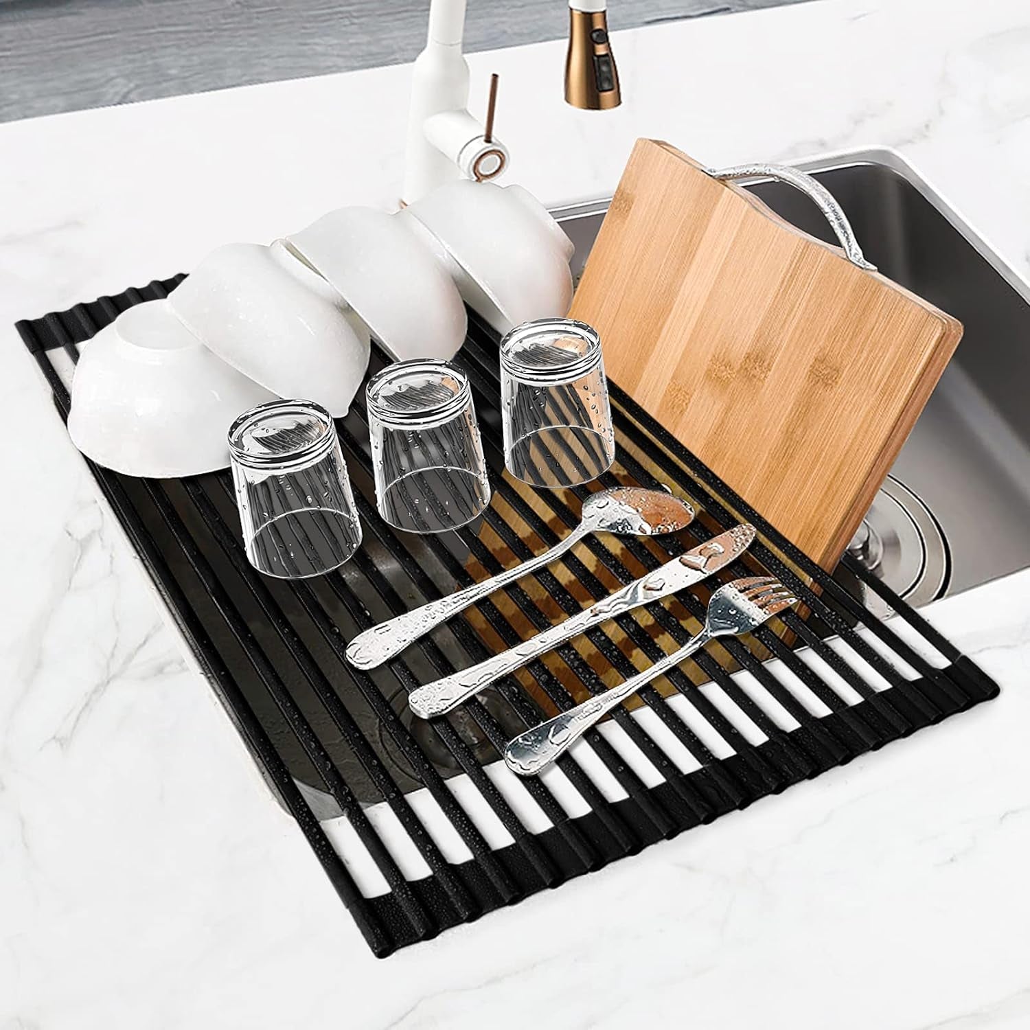 roll-up-dish-drying-rack-silicone-wrapped-over-the-sink-dish-drying-rack-multipurpose-foldable-sink-drying-mat-anti-slip-anti-rust-dish-rack-for-kitchen-17-5-x-13-black