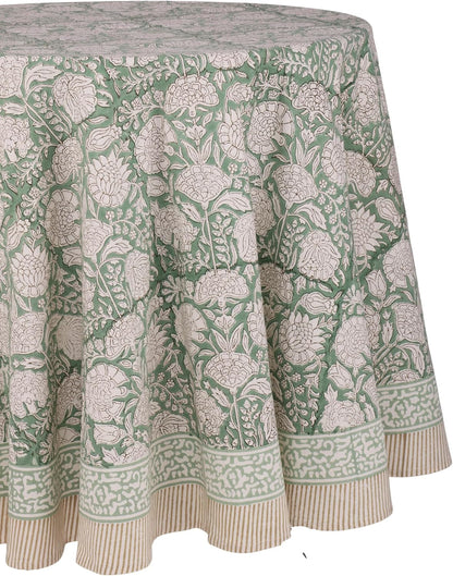 Jade 100% Cotton Boho round Tablecloth, Block Print Floral Table Cloth Linen for Dining, Parties, Weddings, Outdoors I Table Decor 90" Inches I8
