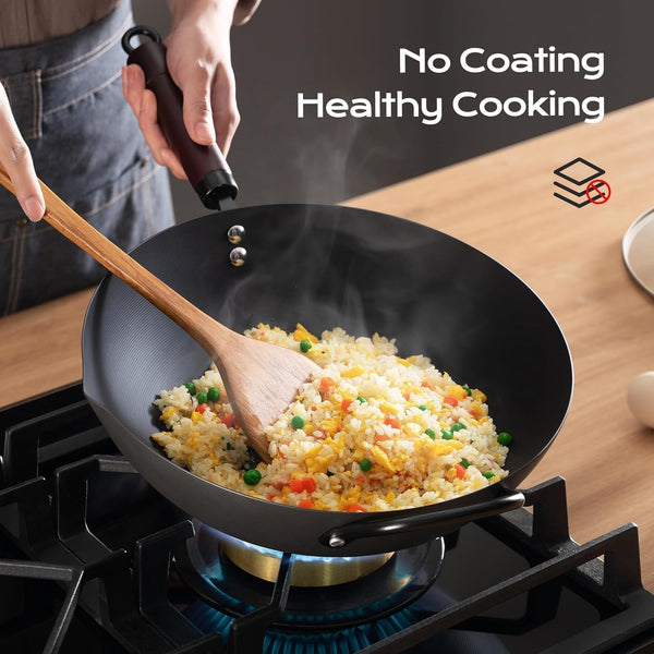 Wok, 13 Inch Carbon Steel Woks & Stir-Fry Pans Nonstick Roasting Pan | Pre-Seasoned 5.8QT Flat Bottom Chinese Wok Roasting Pan with Lid,Pfoa/Ptfe Free Cookware Compatible with All Cooktops3