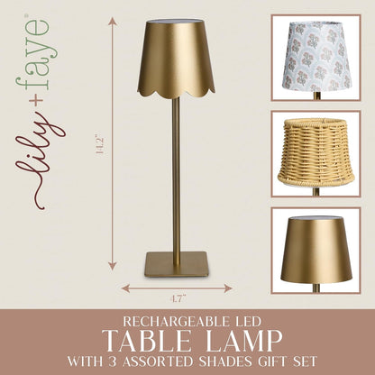 3-Piece Lamp Shade & Lamp Present Set – Scalloped, Conic, and Fabric Printed Shades, Gold2