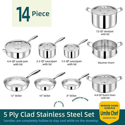 Stainless Steel Cookware Set, 5 Ply 14 Piece Stainless Steel Pot and Pan Set-Induction, Heavy Chef Quality, Oven Safe | Professional Kitchen Cooking Appliances, PFOA, PTFE & PFOS Free6
