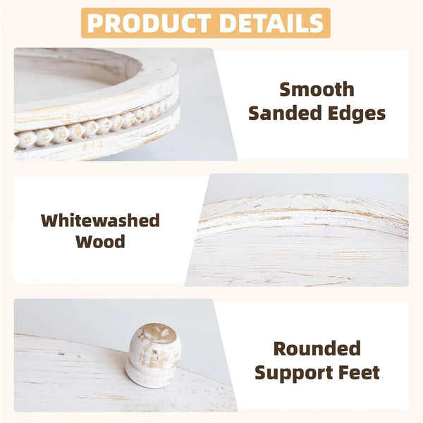 Farmhouse Oval Wooden Decorative Trays Set of 2, Distressed White Solid Wood Beaded Trays for Coffee Table, Kitchen Counter, Ottoman & Dining Table Centerpiece Decor7