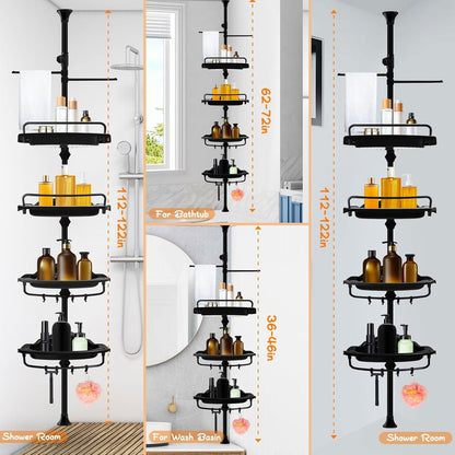 Rustproof Shower Caddy Tension Pole Corner Shower Caddy Organizer 4 Tier Adjustable Shelves with Tension Pole and Large Capacity for Bathtub Shampoo Accessories Storage Rack 38.8-122.7Inch6