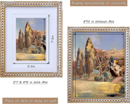 8X10 Rustic Picture Frame with Mat for 5X7/6X8, Farmhouse Boho Deco Distressed Beaded Wooden Real Glass, Vertical or Horizontal Display Photo Gallery Wall & Tabletop Frame, Natural3