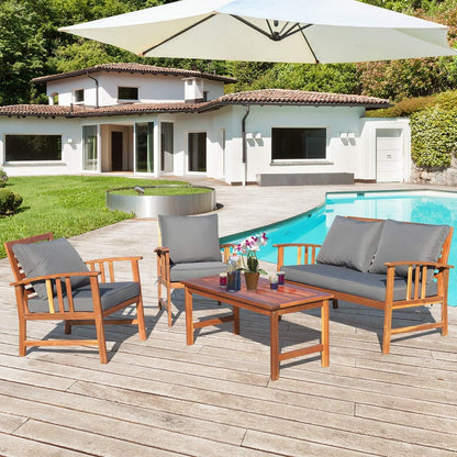 4 Pieces Acacia Wood Patio Furniture Set, Outdoor Seating Chat Set with Gray Cushions & Back Pillow, Conversation Set with Coffee Table, Ideal for Garden, Backyard, Poolside1