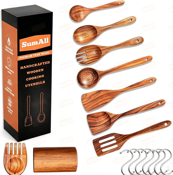 9 Pcs Teak Wooden Utensil Set with Hooks, Wooden Spoons for Cooking, Wood Cooking Utensils Set, Comfort Grip, Non Stick Cookware, Easy to Clean, Kitchen Stuff, Wood Spatula1