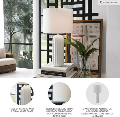 Signature Design by Ashley Clarkland Table Lamps Set of 2, White Ceramic | Premium Hardback Drum Shades, 100W Max E26 Sockets, 24-Inch Tall Design Optimized for Nightstands and Living Room Tables3