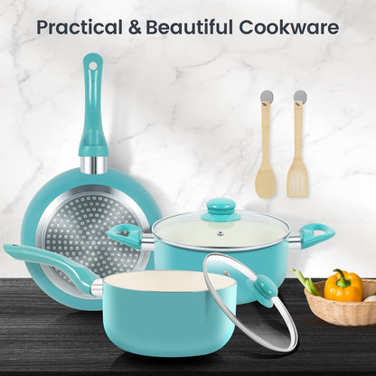 Pots and Pans Set 7 Piece, Non Stick Teal Ceramic Cookware Set | Compact Starter Cookware, Nonstick Pots and Pans Set, Induction Cookware, Kitchen Cooking Set, PFAS & PFOA Free6
