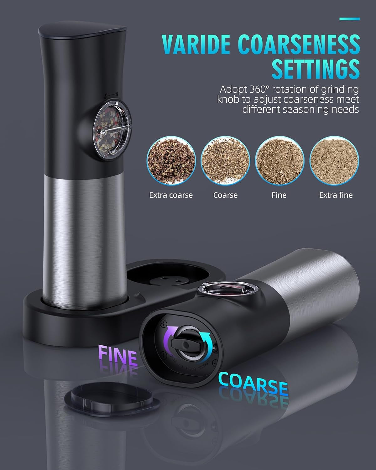 gravity-electric-salt-and-pepper-grinder-set-usb-rechargeable-automatic-salt-and-pepper-grinders-with-charging-base-adjustable-coarseness-one-handed-operation-led-light-stainless-steel