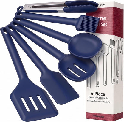 Kitchen Utensils Set 6 Pcs,Silicone Cooking Utensils Set Spatula Set,446℉ Heat Resistant Cooking Utensils,Tongs,Spoon,Bpa Free Kitchen Gadgets Appliances for Non-Stick Cookware,Home Essential(Blue-6P)1