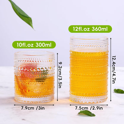 Hobnail Drinking Glasses Set of 12, Vintage Water Glass Cups | 12 Oz Highball Glasses & 10 Oz Cocktail Glasses, Clear Embossed Boho Kitchen Bar Tumbler for Whiskey, Beer, Juice, Milk4