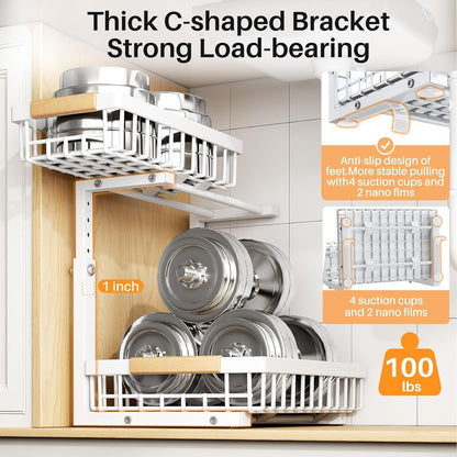 under Sink Organizer, Adjustable Height, 2 Tier Pull Out under Cabinet Organizer, Slide Out Thickened Metal under Sink Storage for Kitchen Bathroom Laundry Pantry Cabinet, White, Large-2-Pack6