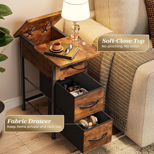 Narrow End Table with Charging Station, Side Table with 2 Drawers | Slim Night Stand with USB-C Port for Small Spaces, Flip Top Nightstand Bedside Couch Table, Living Room, Rustic Brown7