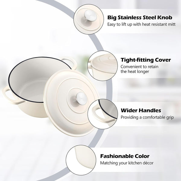 6Qt Dutch Oven, Enameled Cast Iron Dutch Oven Pot with Lid | Dual Handles for Bread Baking, Cooking, Simmer, Non Toxic & Heavy Duty, Oven Safe & Various Stovetops Suitable - Cream White3