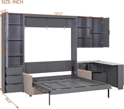 Queen Size Foldable Murphy Bed with Sofa and Desk, Wall Cabinet Bed with Hydraulic Storage, Shelves & Drawers, LED/USB Lighting, Dark Gray Panel, Beige Sofa2