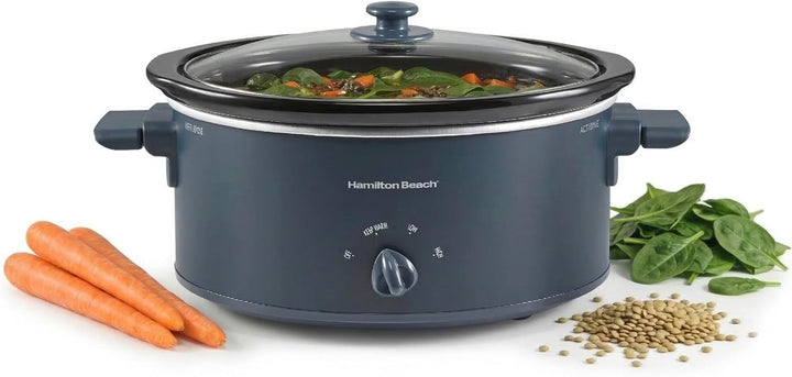 6 Quart Slow Cooker with Space-Saving Folding Handles | 3 Heat Settings | Dishwasher Safe Stoneware Crock & Glass Lid | Kitchen Makeover Blue | 33608