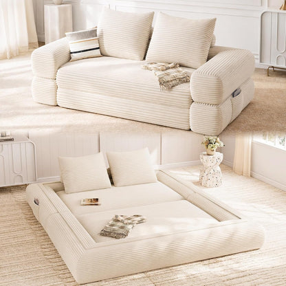 4-In-1 Convertible Folding Sofa Bed, 78"W X 68"L Queen Size Foldable Sleeper Sofa Bed, Wide Corduroy Upholstery, Boneless Mattress Couch with Armrests & Neck Pillow for Living/Bedroom, Beige1