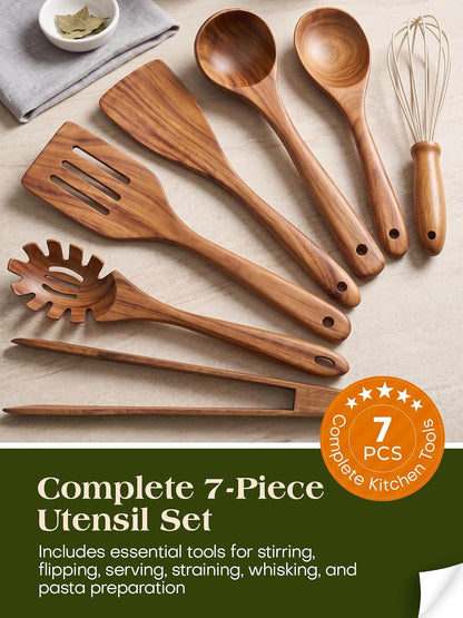 Nonstick Wooden Utensil Set for Cooking, Handmade Smooth Finish Teak Wood Spoons Spatula Turner for Cooking and Kitchen Gifts (7Pcs)2