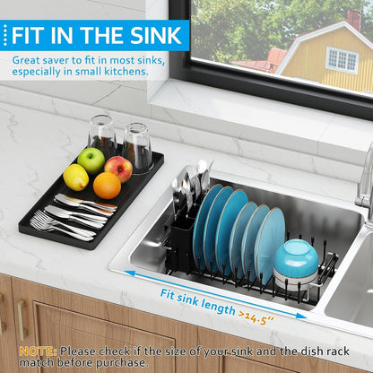 Sink Dish Drying Rack - Expandable Small Dish Rack over Sinks with Silicone Drying Tray, Dish Drainer for Kitchen Counter with Cutlery Holder, Drying Rack Fit for 14’’-19’’ Kitchen Sink4