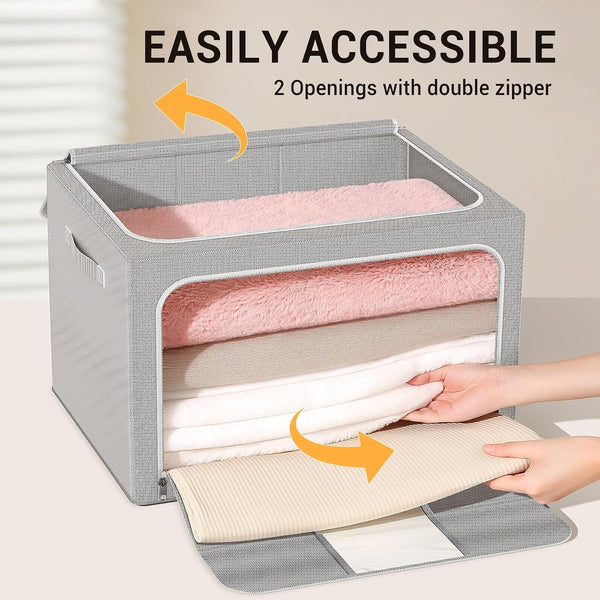 Clothes Storage Bins with Metal Frame Foldable Storage Box Clothes Organizers Storage Containers for Clothes Sheets Blankets Books Toys Gifts and Holiday Decorations (24Lx3 Pack)5