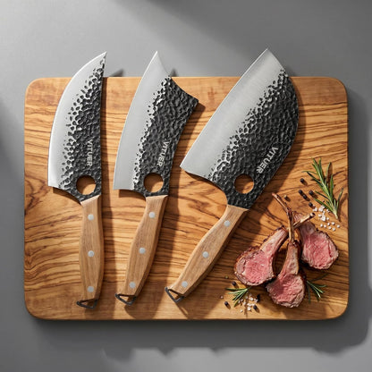3PCS Butcher Knife Set, Hand Forged 7" Butcher Meat Cleaver, 7" Serbian Chef and 6.5" Viking Knife, Great for Indoor & Outdoor (Stylish Pattern Design)9