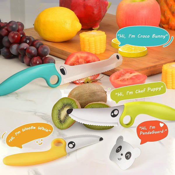 Kids Knife Set for Real Cooking with Educational Ring & Panda Finger Guard for Boys & Girls Cutting, Kids Chef Knife Stainless Steel Blade for Kitchen Cutting-Warm-Toned2