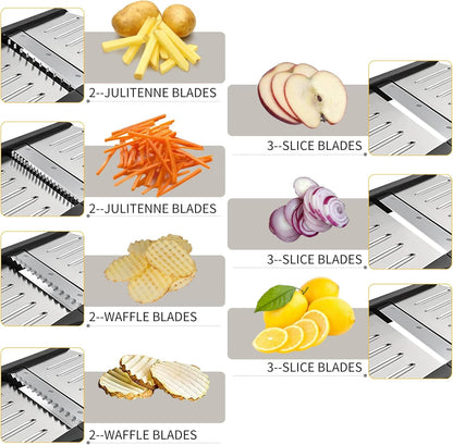 Mandoline Slicer for Kitchen, 7-In-1 Adjustable Vegetable Slicer | Stainless Steel Food Slicer, Adjustable Blade, Slices, Julienne, Waffle and French Fries Cut, Includes Gloves and Brush3