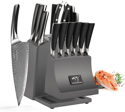15-Piece Damascus Knife Set with Block, VG10 Steel Core | 67-Layer Damascus, Hrc60±2 Razor-Sharp, Abs Ergonomic Handle, Detachable Easy-Clean Block, for Daily Meal Prep & Home Cooking7