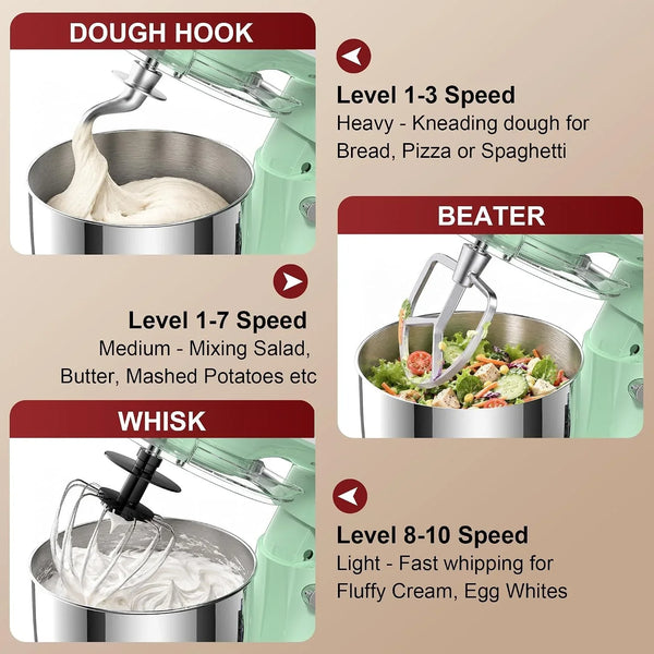 4QT Electric Stand Mixer, 10-Speed Tilt-Head Compact Kitchen Mixer | Multiple Stylish Colors | Food Mixer with Dough Hook & Beater & Whisk | for Cake & Bread | Dishwasher-Safe | Light Green5