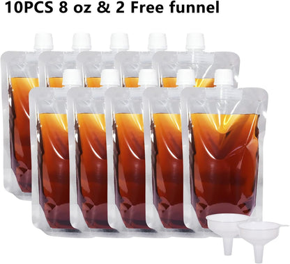 Plastic Pouches - Leak-Proof, Reusable, Flexible Juice Bags, Bpa-Free for Travel, Outdoor Sports, Concerts, Events (8OZ - 10PCS + 2 Funnels)8