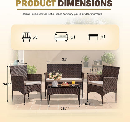 4 Pieces Outdoor Patio Furniture Set, Rattan Chairs, Brown & Beige6
