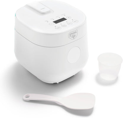 Digital Rice Cooker, 2-Cups Uncooked/4-Cups Cooked, White | Pfas-Free Ceramic Nonstick Coated 1.5QT Pot, One-Touch Presets, Oats, Quinoa, Brown Rice, Auto Warming, Fuzzy Logic Tech1