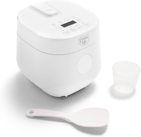 Digital Rice Cooker, 2-Cups Uncooked/4-Cups Cooked, White | Pfas-Free Ceramic Nonstick Coated 1.5QT Pot, One-Touch Presets, Oats, Quinoa, Brown Rice, Auto Warming, Fuzzy Logic Tech1