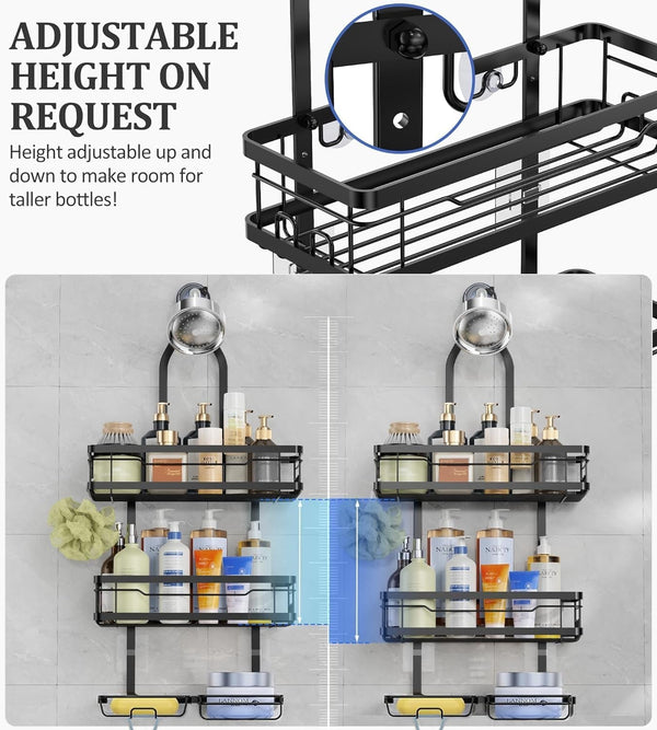 Shower Caddy Hanging over the Shower Head - Rustproof Shower Organizer Hanging with Soap Scrub Holder, Non-Slip Stainless Steel Bathroom Storage Rack & Shelves, No Drilling, Black3