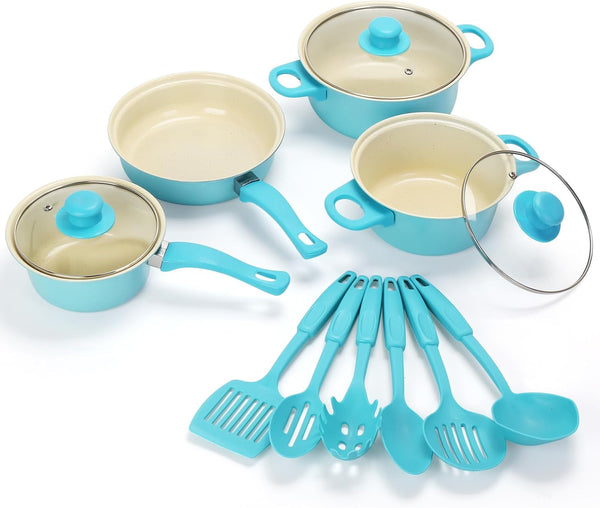 Non-Stick Cookware Set, 13 Piece Set Portable Lightweight Cast Iron Pots and Pans with Glass Lids and Nylon Utensils, Outdoor Camping Picnic Travel1