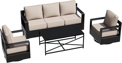 Outdoor Aluminum Furniture Set, 4-Piece Patio Conversation Set, 2 Swivel Chairs, 1 Sofa and 1 Table, All-Weather Metal Frame, 6" Thick Removable Cushions, Deep Setting for Garden, Poolside and Porch9