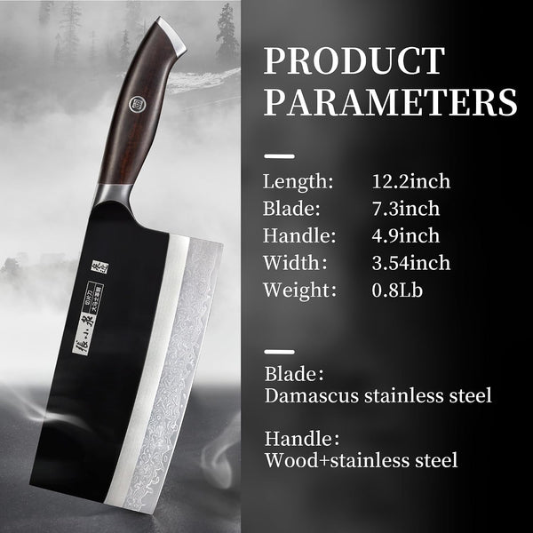 ZHANG XIAO QUAN Professional Meat Cleaver Knife Damascus Steel, Heavy Duty Kitchen Knife with Ultra Sharp Blade, Comfortable Ergonomic Wooden Handle(Black)2