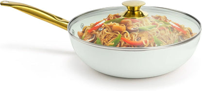 12-Inch White Ceramic Nonstick Wok with Lid - Gold Color and Stainless-Steel Handle, Versatile Gas and Electric Stovetop Compatibility, Golden Elegance1