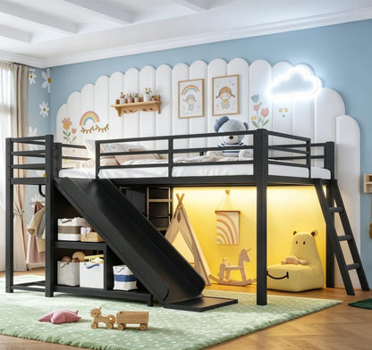 Twin Low Loft Bed with Slide and LED, Storage Drawers and Hanging Area, 2 Assembly Methods, Black2
