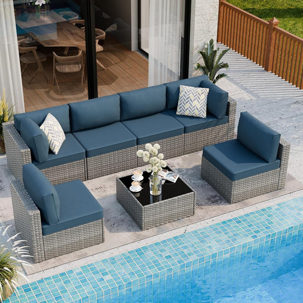 7 Piece Outdoor Patio Furniture Set with Silver PE Rattan, Navy Blue1